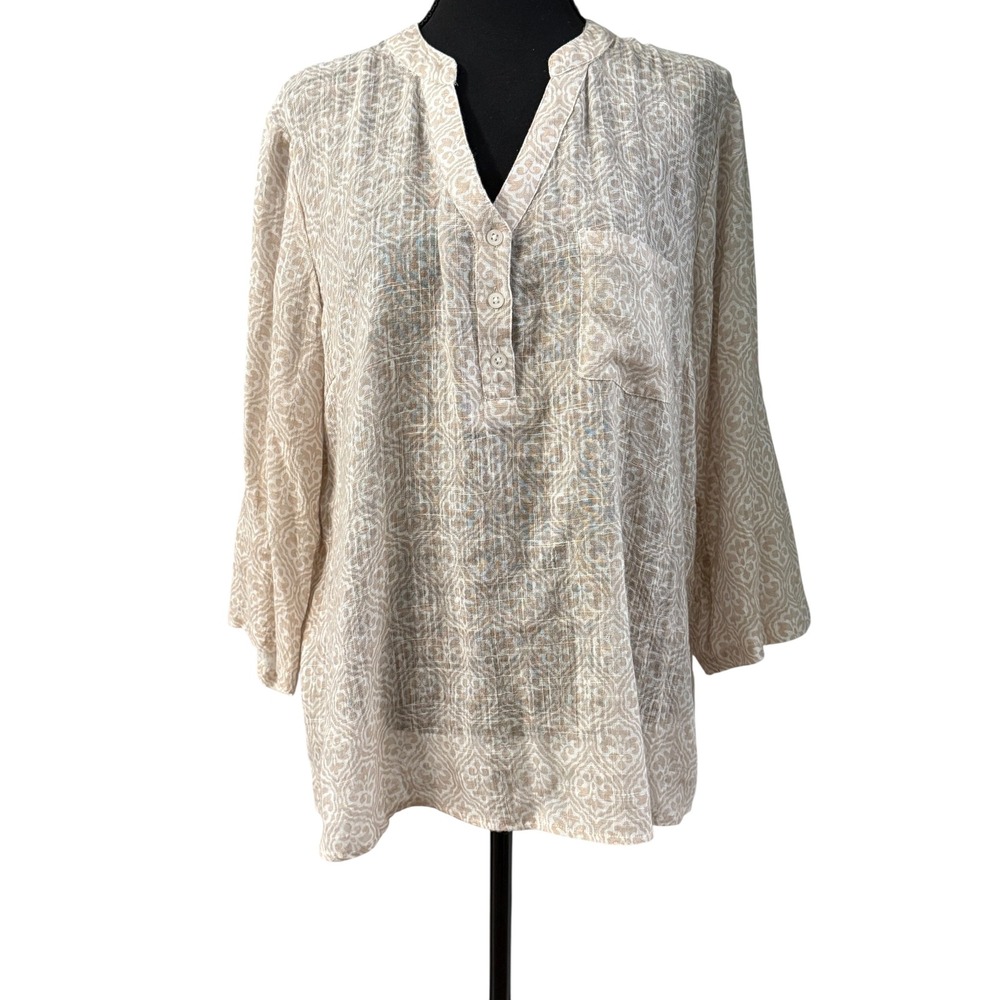 Charlie B Tan White Damask Print‎ Roll Tab Sleeve Cotton Modal Top SZ XL
